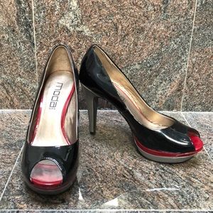 Black patent leather platform peep toe high heels